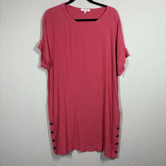 Madewell Size Medium Journal Side Button Dress Red Coral Crew Neck Short Sleeves - Picture 2 of 8